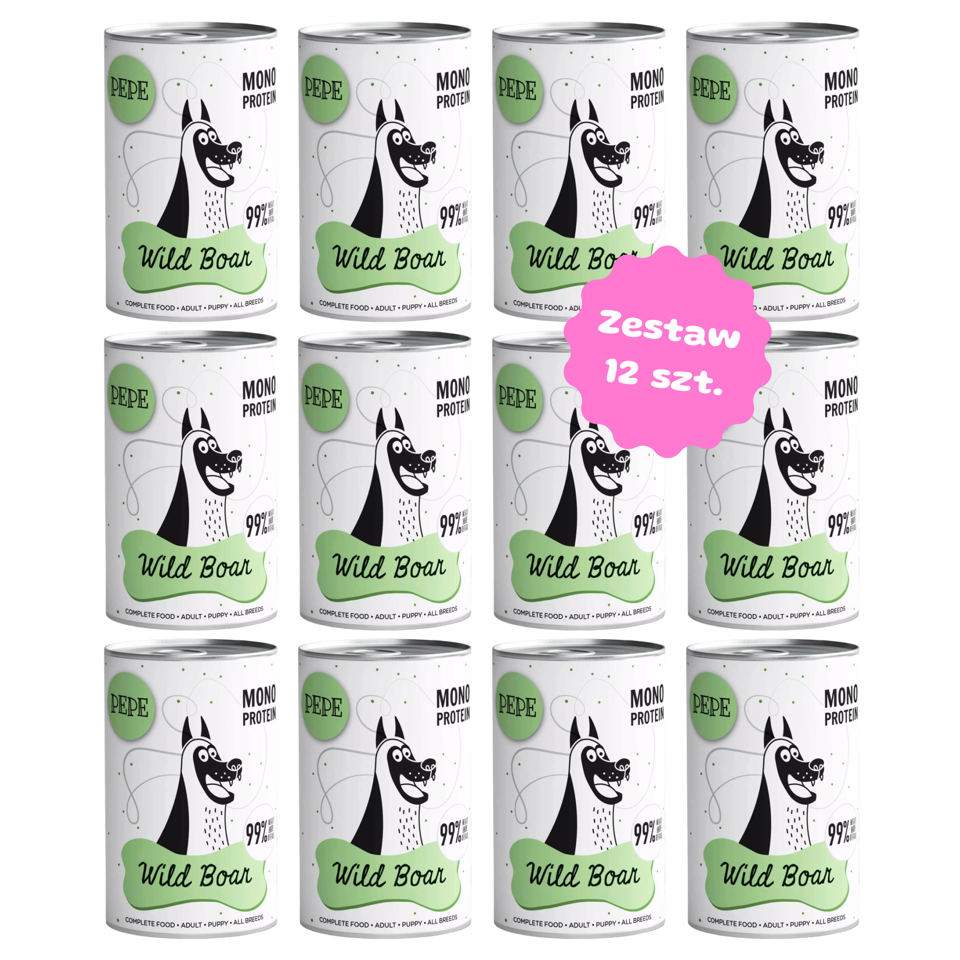 Zestaw 12 szt. puszek karmy mokrej monobiałkowej - PAKA ZWIERZAKA PEPE MONO PROTEIN dziczyzna - 12 szt. puszka 400g
