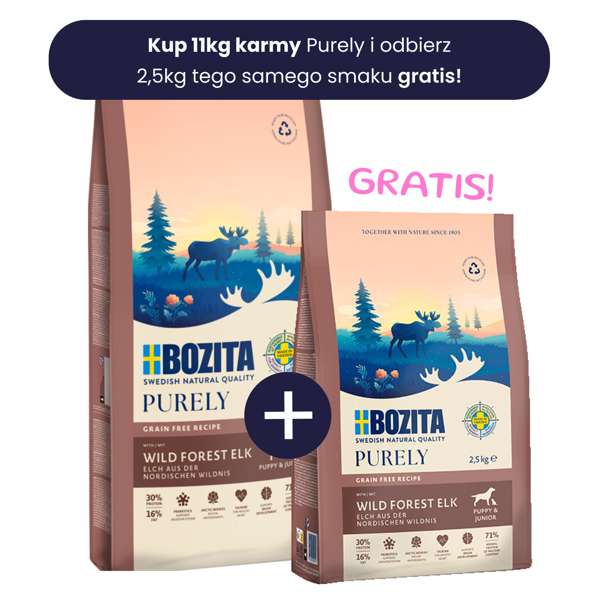 Bozita Purely Puppy & Junior bezzbożowa karma z łosiem i kurczakiem 11kg