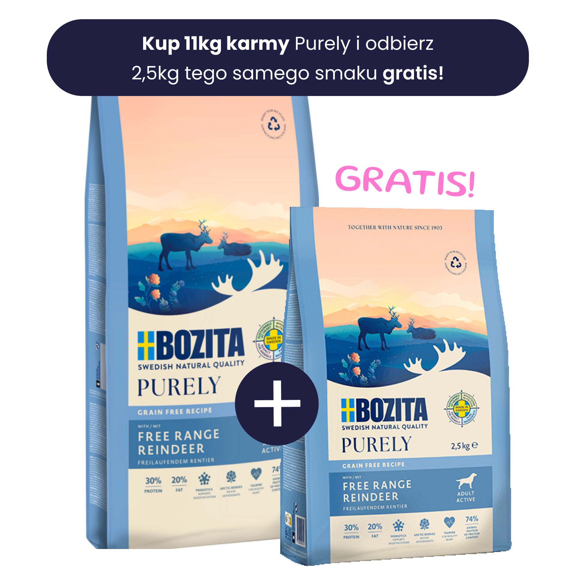 Bozita Purely Adult Active bezzbożowa karma z reniferem i kurczakiem 11kg  