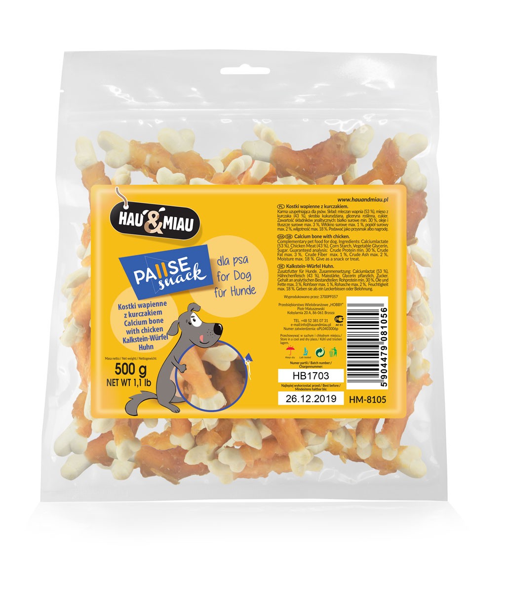 Hau&Miau kostki wapienne z mięsem kurczaka przysmak dla psa 500g