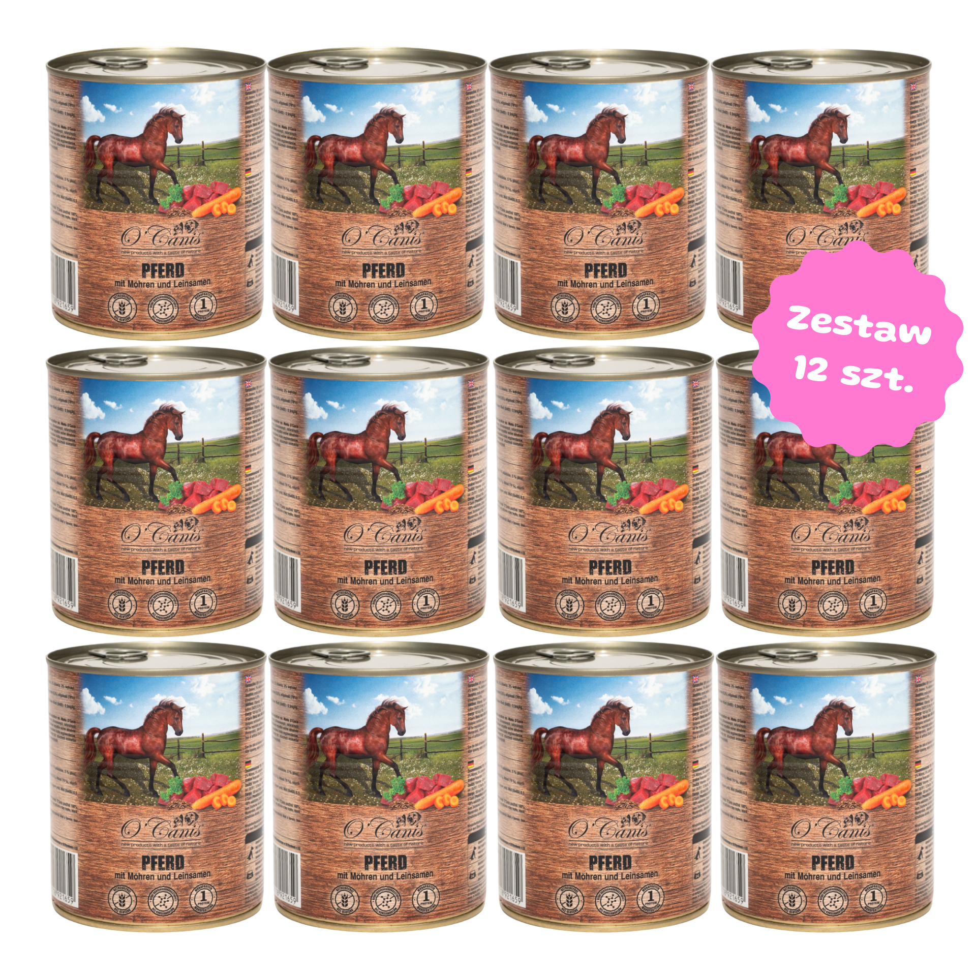 Zestaw 12 szt. puszek karmy mokrej monobiałkowej - O'Canis konina z warzywami i siemieniem lnianym - 12 szt. puszka 800g